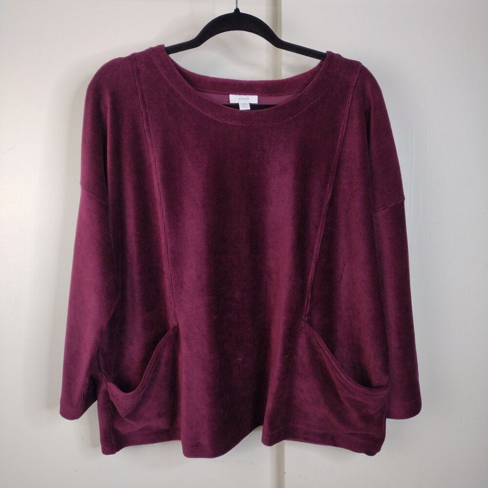 J Jill Pure Jill Top Womens Burgundy Corded Velour Velvet 3/4 Sleeve Sz L Petite